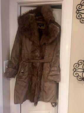 Fabulous Furs Brown Faux-Fur Trim Belted Trench Coat